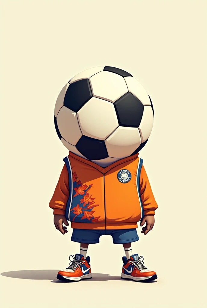 Drawing of a soccer ball wearing a basketball shirt in a cartoon style that has no torso and its body is just the ball
