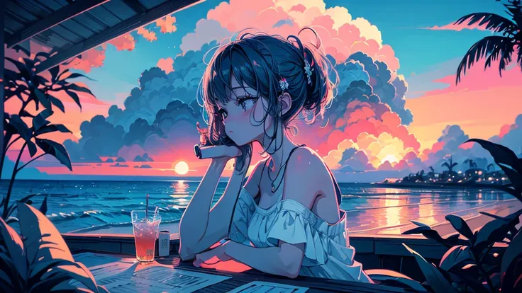 there is a woman sitting on a towel and drinking a coconut drink。, in the style of digital illustration, stylized digital illust...