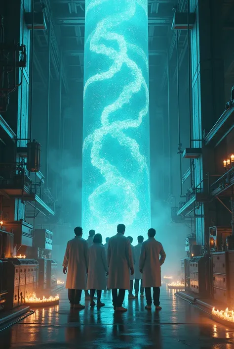 A stark contrast between the meticulous order of a high-tech scientific laboratory and the eerie chaos of a cultist ritual. In the center, a group of scientists in a pristine white lab coat, goggles pushed up onto their forehead, stands with a look of both...