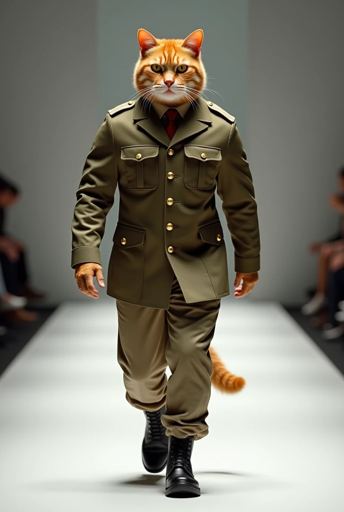 Military-Inspired: A muscular orange tabby cat wearing a sharp military jacket with gold buttons, tailored pants, and combat boots. The cat marches down the runway with precision and authority, showcasing the structured outfit.