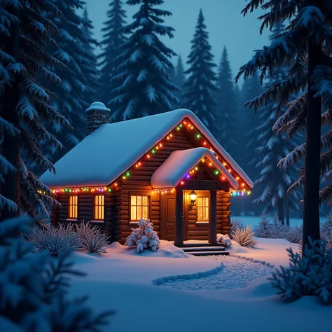 cabin in the woods with multicolored christmas lights covered in snow at night darkness



