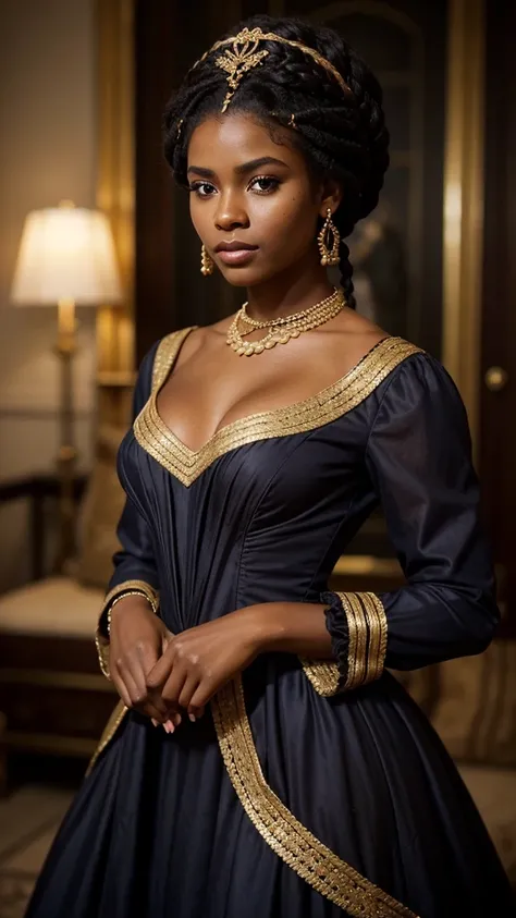 A young black woman wearing an elegant indigo regency era dress decorated with intricate lavander details, regency era, afro hair, black afro style braids, intricate hairstyle, dark skin, dark blue eyes, elegant, rich, Bridgerton, young face, regency era b...