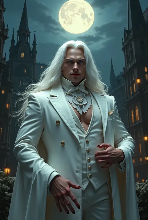 masterpiece, top quality, (One focus), (perfect face:1.1), (high detail:1.1),dramatic, 1 guy, (pale skin), long white hair, white eyes, One, long hair, moon, night, white luxury suit, a vampire, Coated navel, Plump lips, Coated, Victorian city, detailed ba...