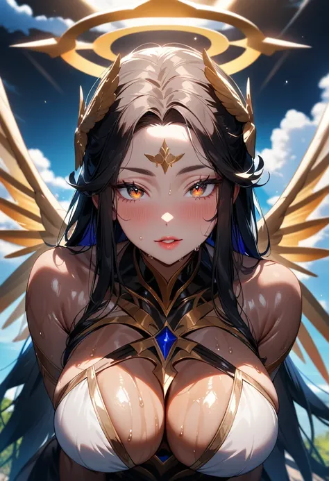 1girls,solo,super detailed skin,shiny skin,wet oily skin,natural face,majestic wings, majestic halo,(angelic skin:1.1),deep detailed eyes,eyelashes,lips gloss,large breasts,vibrant colors,model pose,cloud focus,masterpiece,best quality,ultra detailed,high ...