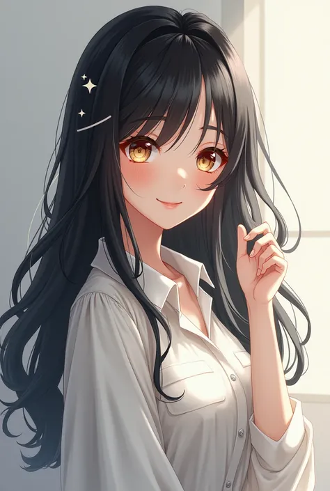 1 Japan, Long Hair, High resolution, Small breasts, Gaze, smile, Black Hair, Anatomically correct, happiness/joy, Sparkling eyes, Eyebrows hidden under hair, hair band, Long shirt dress, Full body portrait