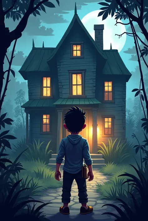 Make a video game cover where the main character has to enter the house haunted by ghosts, I put the character in front of the house that is behind him, the character is a new man and the name of the game is haunted house, do it in pixel style 