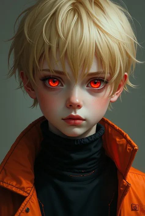 Create a young blond boy with red eyes whose clothes are black with orange features. He is staring at me, wanting to kiss me. His features are serious.