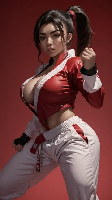 Payton ready with karate suit, in fighting stance, big breasts, a gradient background in red tones