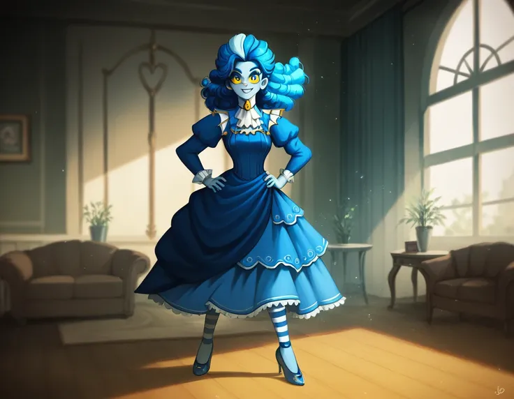 victorianstyle, frankelda, 1girl, solo, dress, striped, blue hair, puffy sleeves, high heels, colored skin, freckles, blue striped stockings, standing, evil smile, look at viewer, hands on hips, glowing blue eyes, yellow sclera, standing in a living room w...