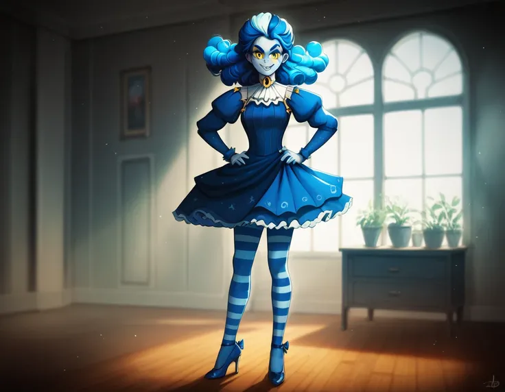 victorianstyle, frankelda, 1girl, solo, dress, striped, blue hair, puffy sleeves, high heels, colored skin, freckles, blue striped stockings, standing, evil smile, look at viewer, hands on hips, glowing blue eyes, yellow sclera, standing in a living room w...