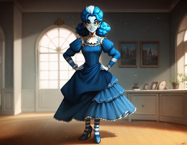 victorianstyle, frankelda, 1girl, solo, dress, striped, blue hair, puffy sleeves, high heels, colored skin, freckles, blue striped stockings, standing, evil smile, look at viewer, hands on hips, glowing blue eyes, yellow sclera, standing in a living room w...