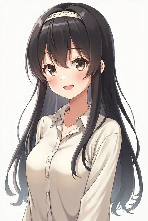 1 Japan, Long Hair, High resolution, Small breasts, Gaze, smile, Black Hair, Anatomically correct, happiness/joy, Sparkling eyes, Eyebrows hidden under hair, hair band, Long shirt dress, Full body portrait, Glasses