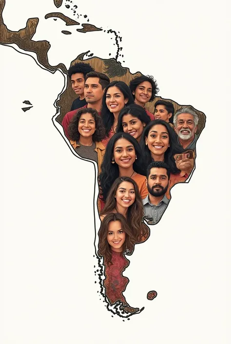 Image of the sketch of Latin America and people with different features 