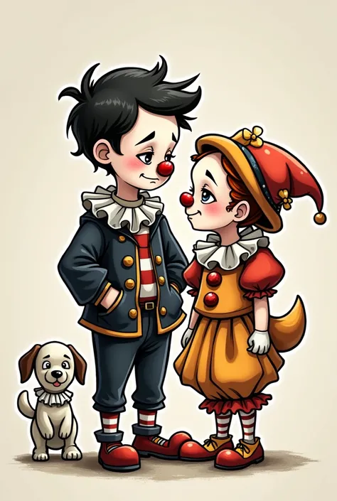 create a cartoon of a sad young male clown in a black and white costume, A young and cheerful colorful clown and a white and brown dog in a clown costume