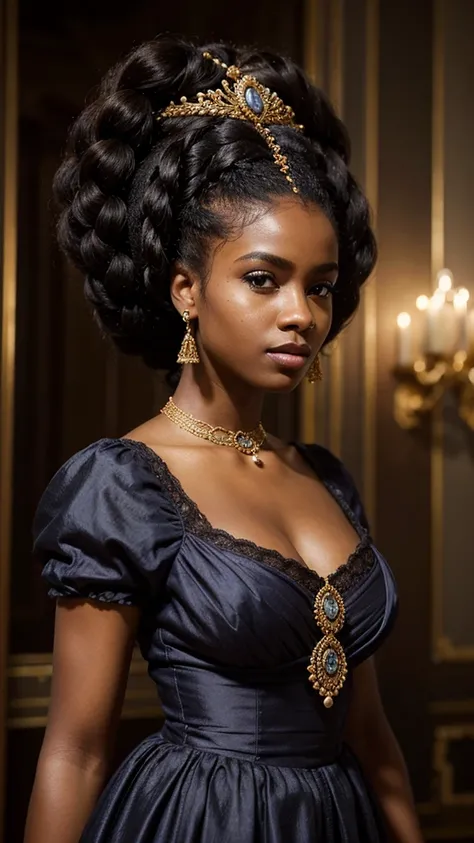 A young black woman wearing an elegant indigo regency era dress decorated with intricate lavander details, regency era, afro hair, black afro style braids, intricate hairstyle, dark skin, dark blue eyes, elegant, rich, Bridgerton, young face, regency era b...