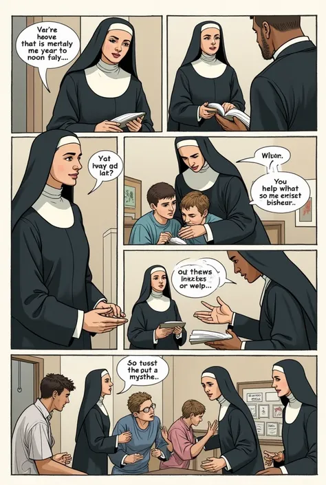 comic strip where in several boxes they present situations in which there is a priest and a nun. helping the sick and creating a community of sisters who help others (no text)