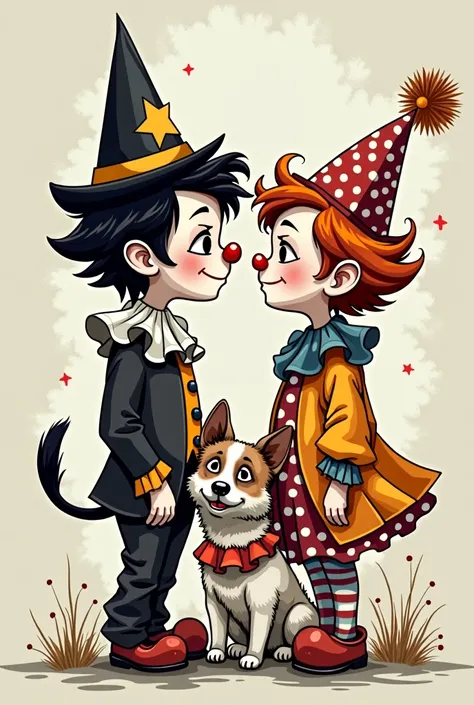 create a cartoon of a sad young male clown in a black and white costume, A young and cheerful colorful clown and a white and brown dog in a clown costume