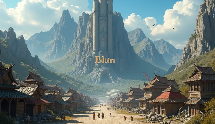 Huge Village small people in it construction is underway in the mountains The word Blum is like Hollywood but the word BLUM is huge and next to it the word @dragonscryptochat Atmospheric beautiful 