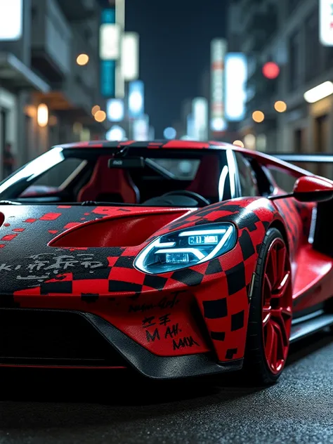 A ford gt 2017 designed by Japanese fashion designer Yohji Yamamoto, in black-and-red color palette, borrowing the punk red plaids, dots and Skewed white Text. Featuring the illustrative artwork seen in the teaser imagery, the slick Mclaren p1 features a s...