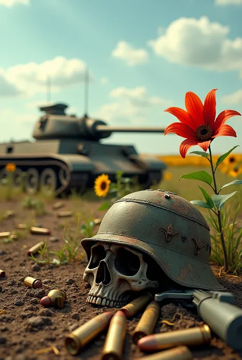 sunflower field, blue sky, destroyed tank t 62 , rusty overgrown with vines , there is a helmet with a skull nearby, rusty ,,next to it there are 2 machine guns and 2 rusty pistols , cartridges and shells for the tank from the helmet ,a fiery red lily grow...