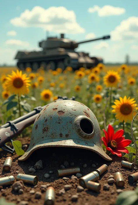 sunflower field, blue sky, destroyed tank t 62 , rusty overgrown with vines , there is a helmet with a skull nearby, rusty ,,next to it there are 2 machine guns and 2 rusty pistols , cartridges and shells for the tank from the helmet ,a fiery red lily grow...