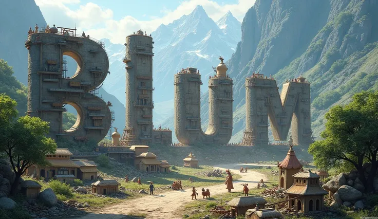 Huge Village small people in it construction is underway in the mountains The word Blum is like Hollywood but the word BLUM is huge and next to it the word @dragonscryptochat Atmospheric beautiful + The Dragon