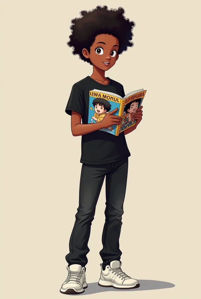 Boondocks character brown skin young teen with curly mini fro black tee shirt white forces black jeans and it’s reading black clover vol.3 anime book/manga