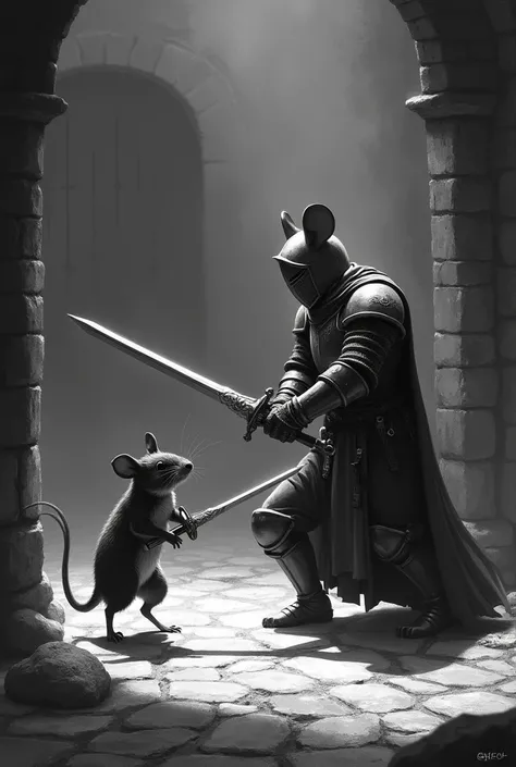 Mouse having sword fight with human medieval style shaded black and white 