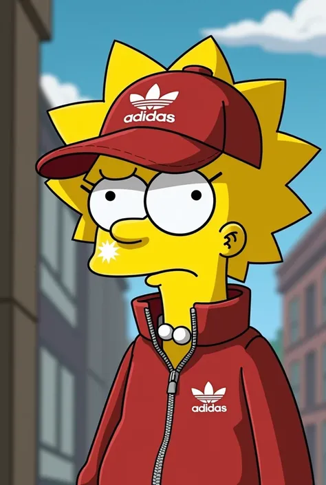 Lisa simpson an adidas cap, wearing an Adidas jacket and having white powder on his nose, annoyed.