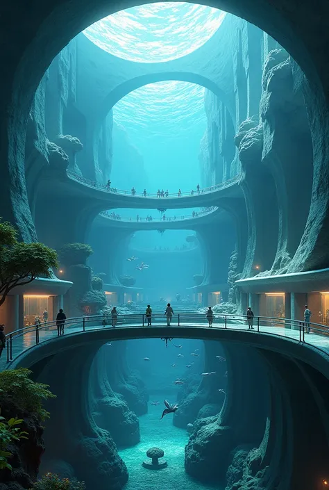 An underwater city, with a giant reinforced acrylic dome, keeping marine life out of it and men inside the city on life support.