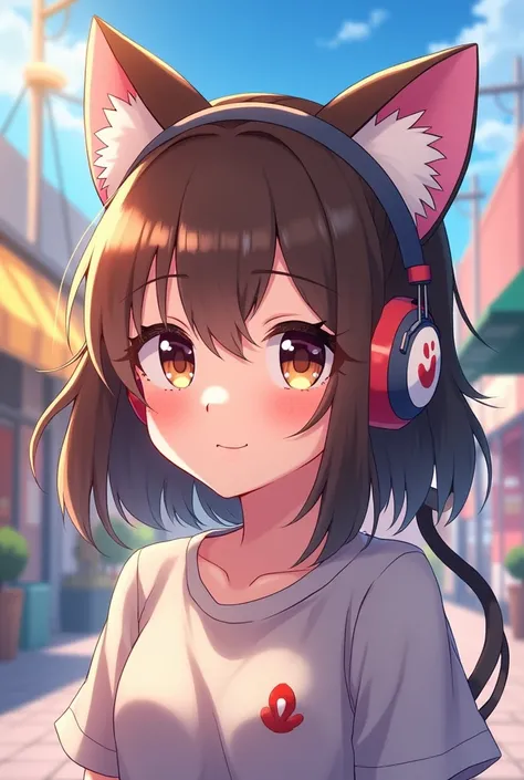  anime with brown hair and kitten headphones playing