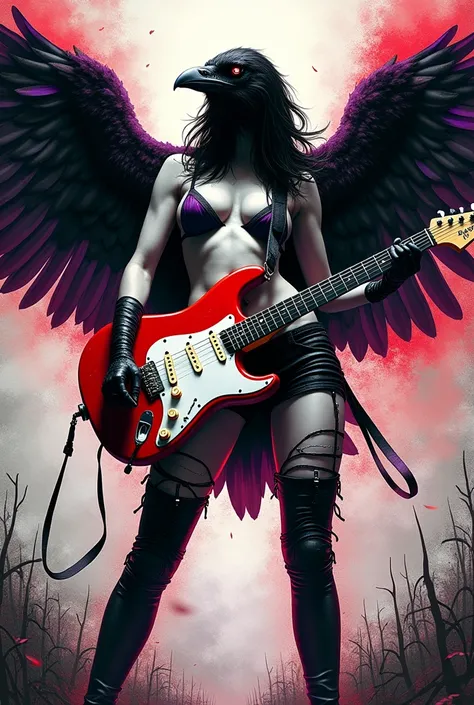 An avant-garde black and white Japanese comic image takes place in a desolate park and shows a surprising figure: a Crow with a seductive body of a woman, dressed in torn leather, holding a Fender Stratocaster guitar adorned with red and purple tones. Its ...