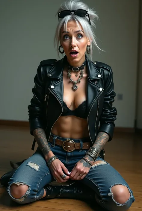 russian old milf woman, grey hair (huge top bun with shaved sides) and sunglasses as headband (big maxi glasses), with very light blue eyes, extremely pale. Wearing cropped black moto jacket, side pocket zippers,  black bra, skinny dark blue jeans (worn an...