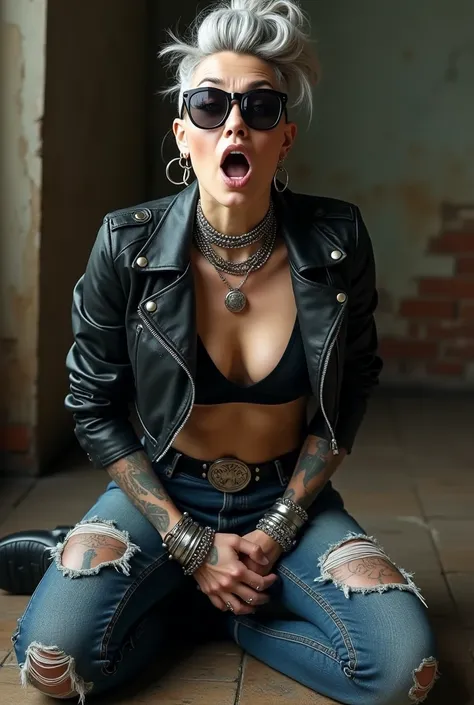 russian old milf woman, grey hair (huge top bun with shaved sides) and sunglasses as headband (big maxi glasses), with very light blue eyes, extremely pale. Wearing cropped black moto jacket, side pocket zippers,  black bra, skinny dark blue jeans (worn an...