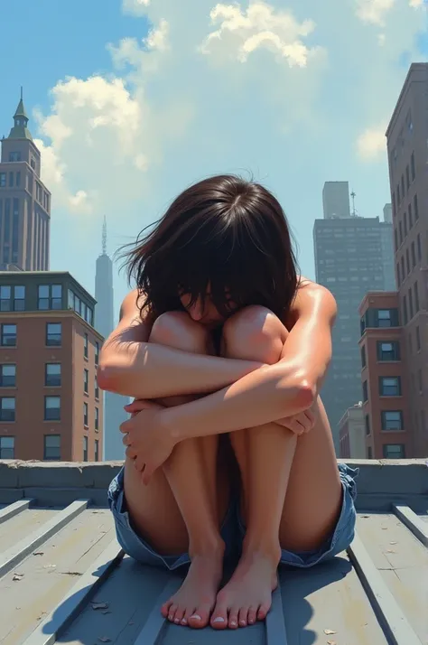  A girl sitting hugging her legs and her face hidden by short hair, on the roof of a building in New York imitating digital drawing oil painting
