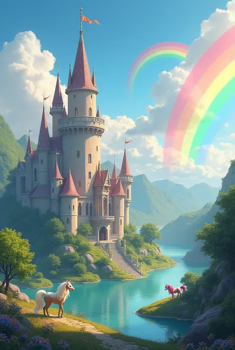 Make a princess world with pony castles, rainbow