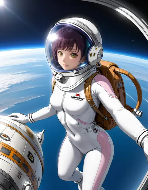 (spacesuit:1.15), white cargo pants, space helmet , , spacewalk, masterpiece, highest quality, one person, alone, short hair, , ...