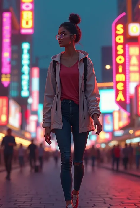 ARAB GIRL WEARING LEGGINGS AND HAIR IN A BUN WITH GLASSES WALKING LAS VEGAS STRIP