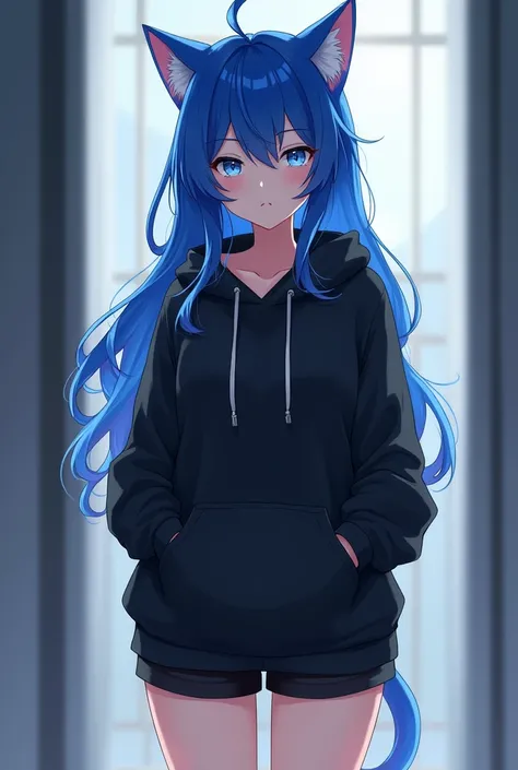 A anime adult catgirl with blue hair blue cat ears and a black hoodie and black shorts on. She has her hoodie on and has her hands in her pockets.