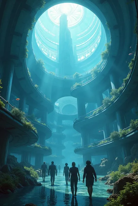 An underwater city, with a giant reinforced acrylic dome, keeping marine life out of it and men inside the city on life support.