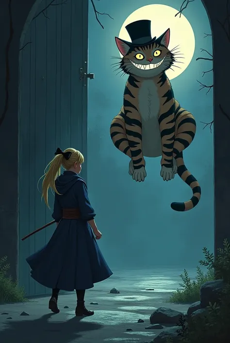 A depiction of Alice and the Smiling Cat, from alice in wonderland. As if Alice was a ninja with a dark blue outfit and white details, Blonde hair and a bow. The cat being your guardian spirit, large door, floating in mid - air, as if lying on a bed, dark ...