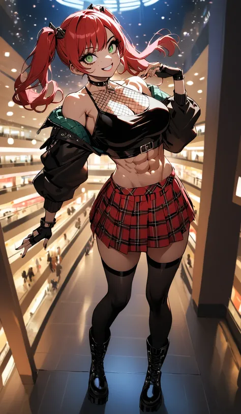 woman, grin, curly red hair in pig tails, green eyes, black eyeshadow, wearing crop top black shirt, long black jacket, red plaid skirt, black knee high boots, black fingerless gloves, exposed shoulders, large breasts, freckles, abs, cleavage, looking up a...