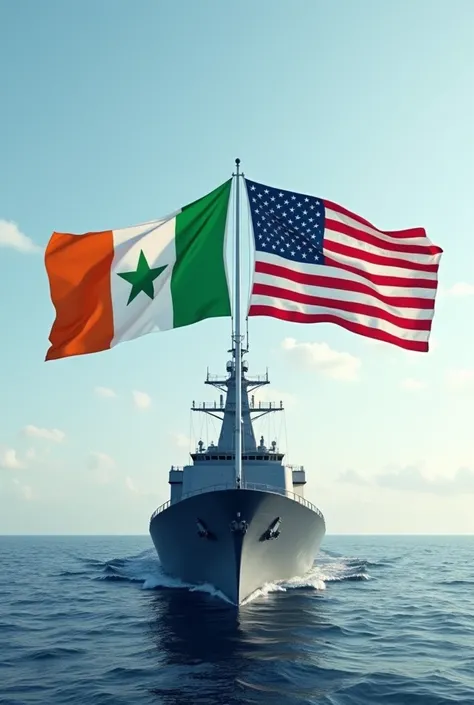 Cote dIvoire (Orange on the mast, White, Green) and USA flags with a navy ship