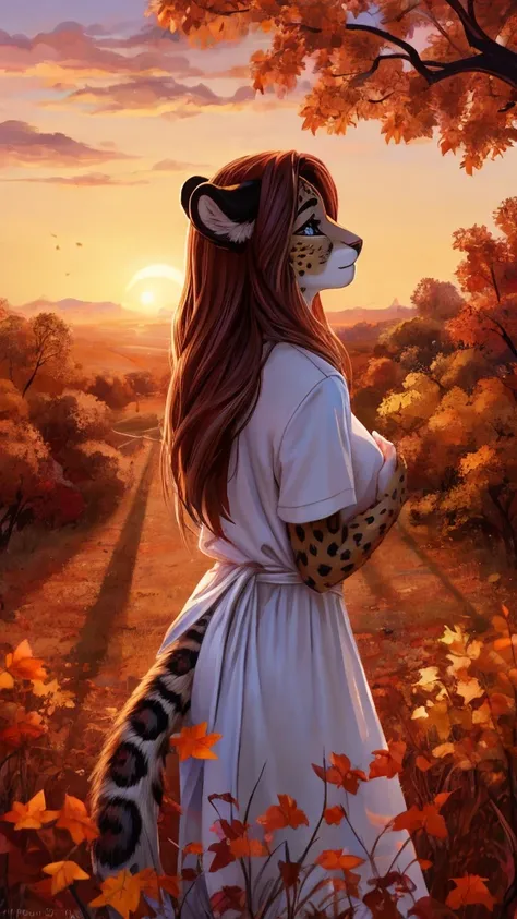 Furry leopard woman, with beautiful hair, with a white cloth save shirt, watching the sunset in autumn, tender and beautiful 