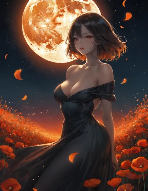 A digital illustration depicts a young woman standing in profile among a sea of vibrant red flowers, likely poppies, in a mystical field at night. The woman has long, sexy Sensual big titis decote dark hair that flows dramatically behind her, caught in a g...