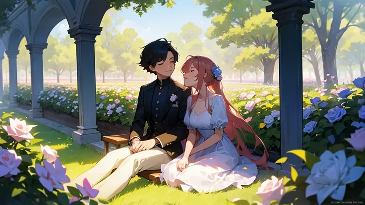 A romantic scene of a 16-year-old boy and the girl from his dream sitting together in a beautiful rose garden. They are surrounded by lush, blooming roses in various colors, creating a picturesque and enchanting landscape. The couple is sitting close, enjo...