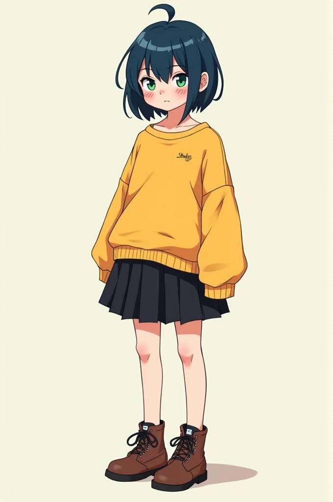 Teenage girl with androgynous features, NAVY BLUE HAIR, green eyes, with freckles on his face, Pale skin, pink lips, wears a yellow loose sweatshirt, black skirt and brown boots, in the style of the anime Danganronpa 