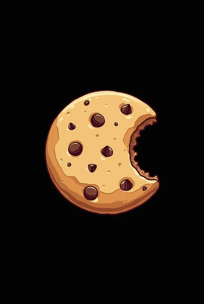 Bitten chocolate chip cookie in the shape of a Saturn on a black background in a minimalist drawing