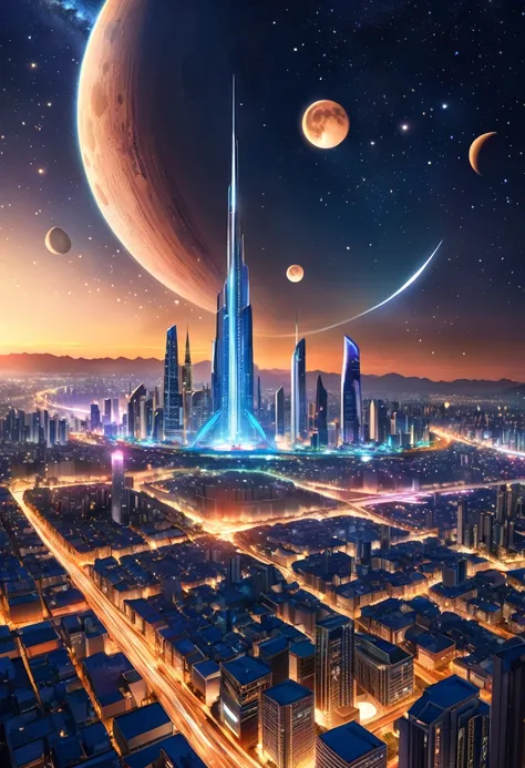 (masterpiece, best quality, luz bright, bright) 32k, panoramic tour, panoramic shot of alien city, with high towers, lights, at ...