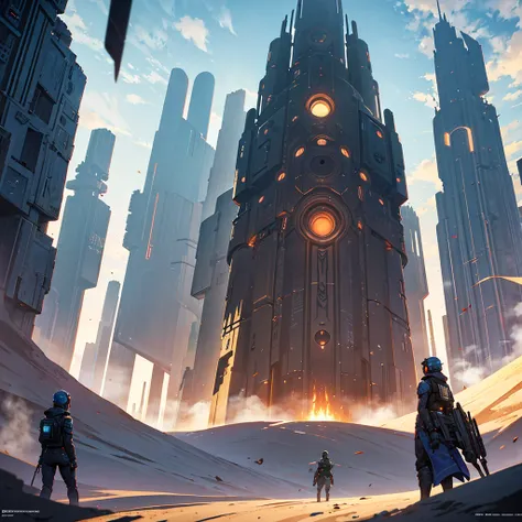 There is a picture of a futuristic city with a giant robot head., Jodorovskys dunes, Incredibly detailed matte painting, Peter Grigg(Peter Gric)and Dan Mumford(dan mumford), Intricate matte painting, Jodorovskys dunes movie, John Harris&#39;s Style, Jang J...